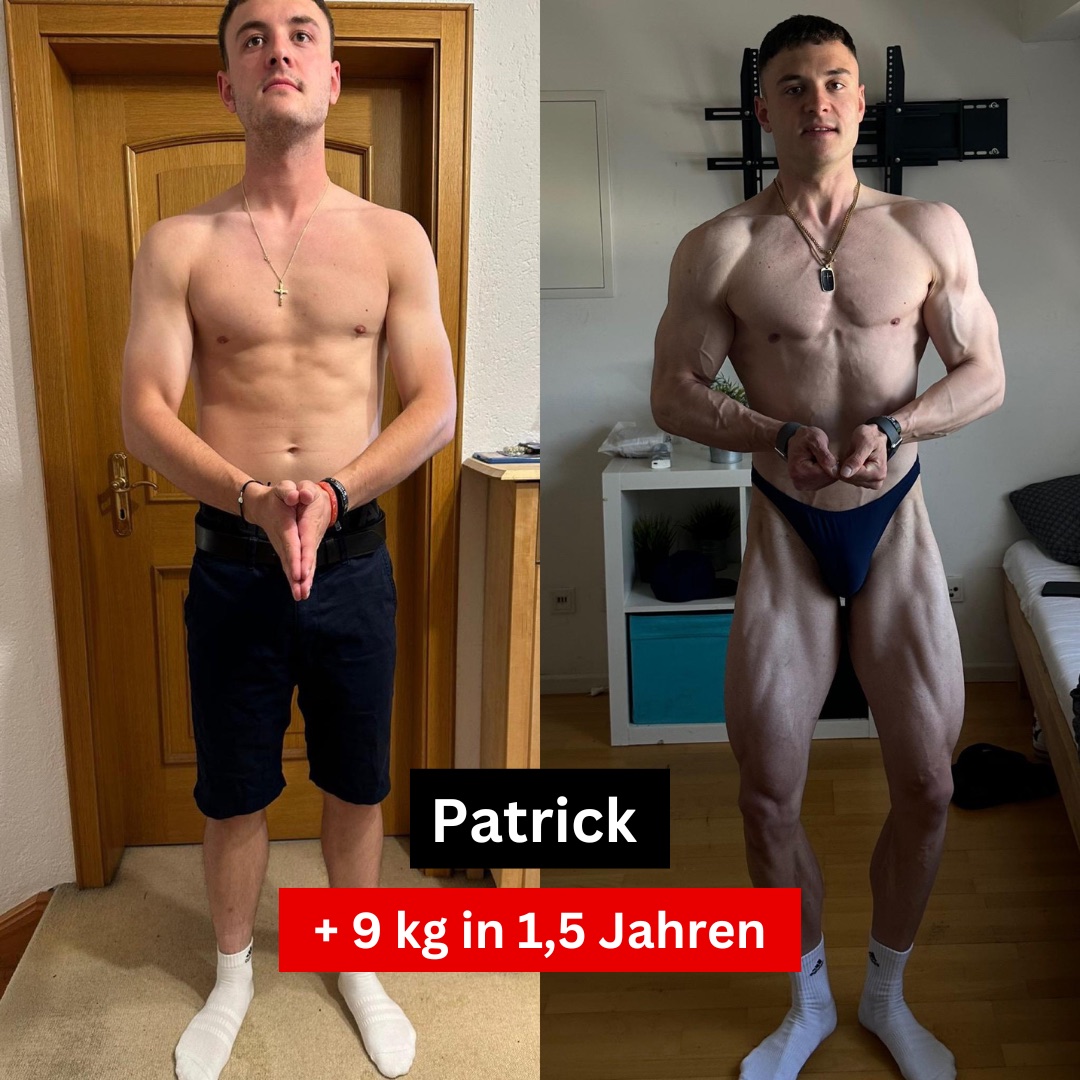 Vorher-Nachher-Bild von Patrick: 9 kg Muskelmasse in 1,5 Jahren